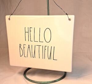 Rae Dunn HELLO BEAUTIFUL Hanging Ceramic Wall Plaque Sign Farmhouse Decor